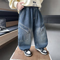Casual Solid Color Denim Pants for Kids Boys with Large Pockets