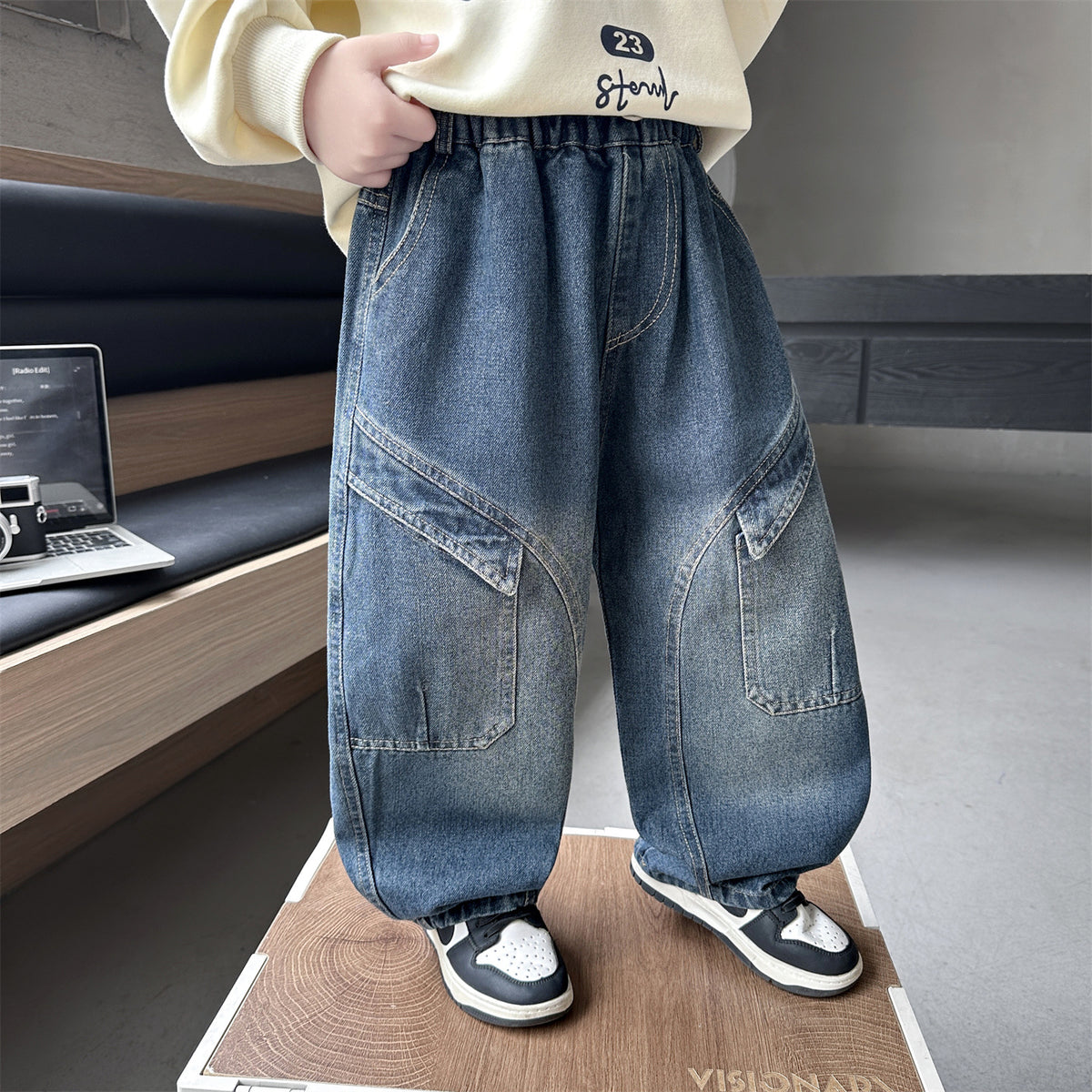 Casual Solid Color Denim Pants for Kids Boys with Large Pockets