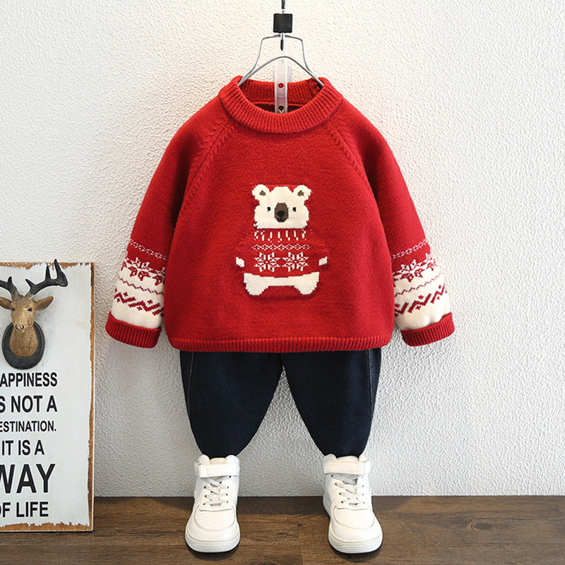 Chinese Traditional Style Solid Red Long Sleeve Round Neck Knit Sweater