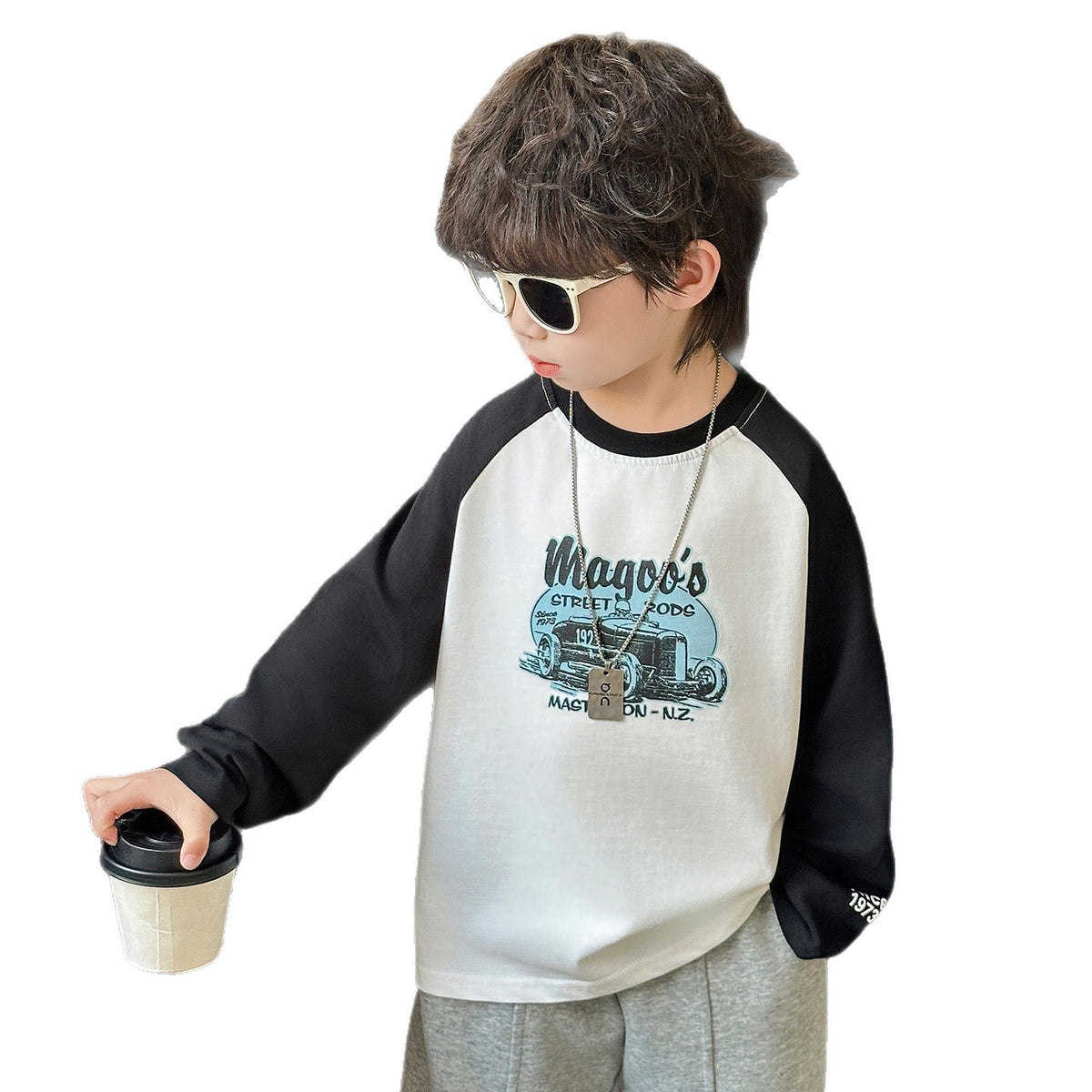 Boys' Long-Sleeve T-Shirt with Cartoon and Letter Print