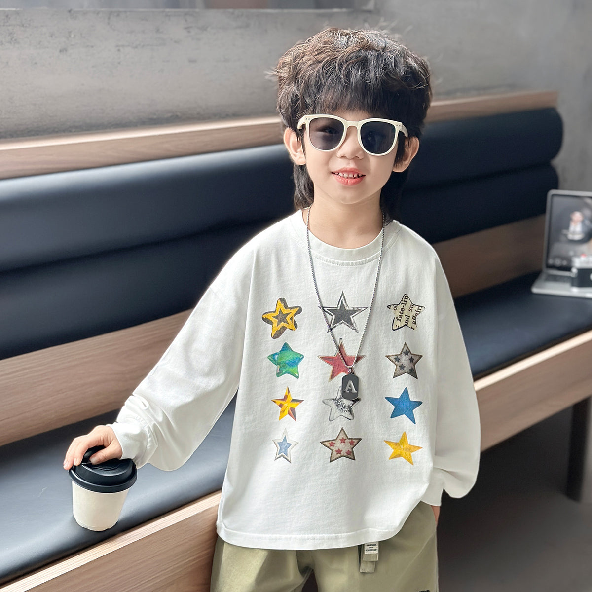 Boys' White Spring Autumn Long Sleeve Star Print Crew Neck Cotton T-Shirt