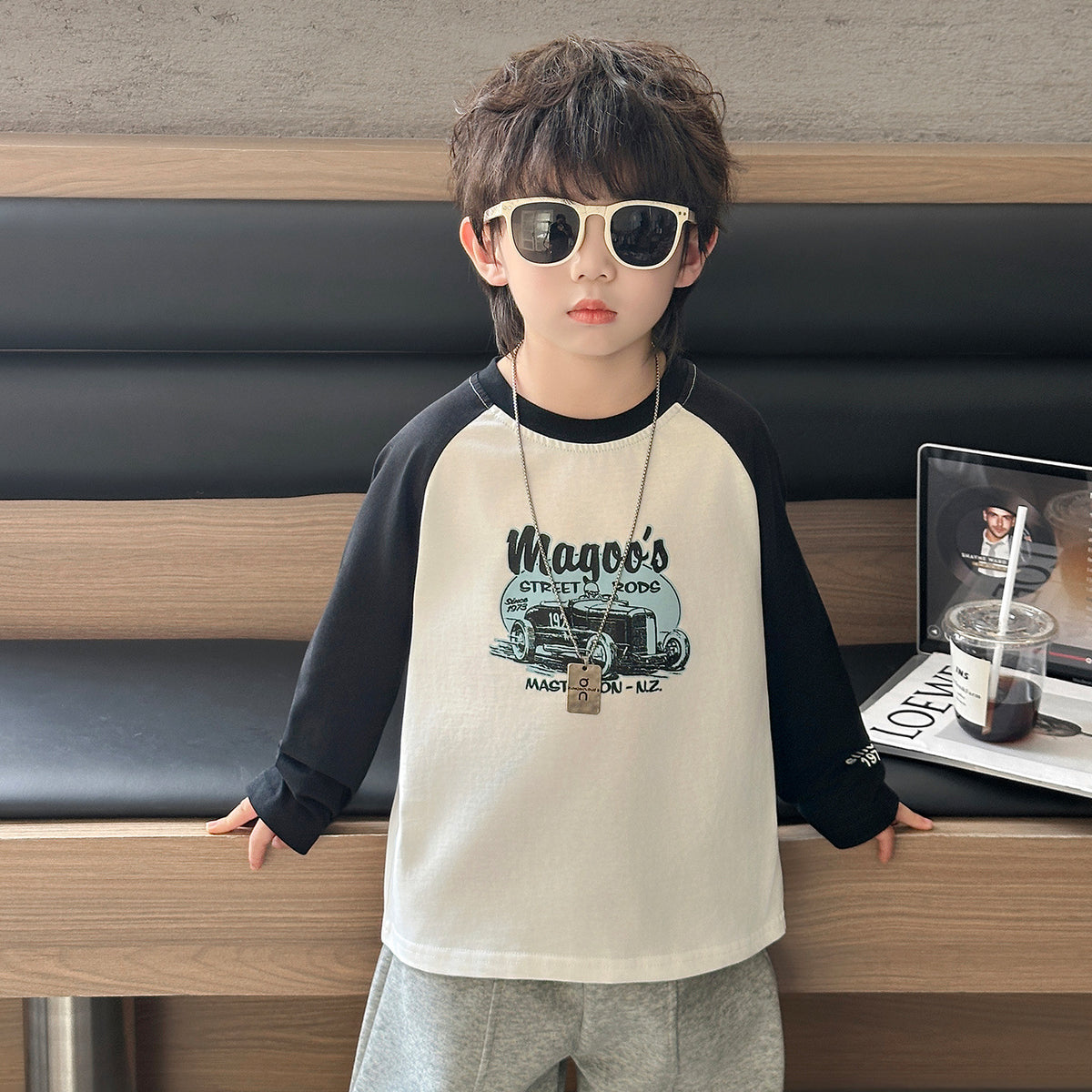 Boys' Long-Sleeve T-Shirt with Cartoon and Letter Print