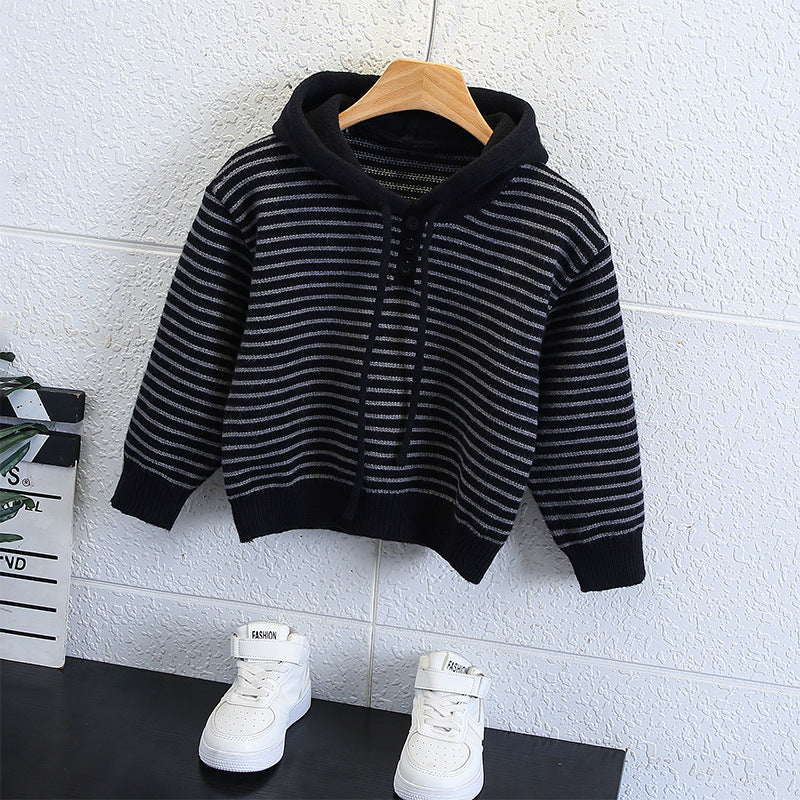 Boys Striped Hooded Thick Knit Sweater