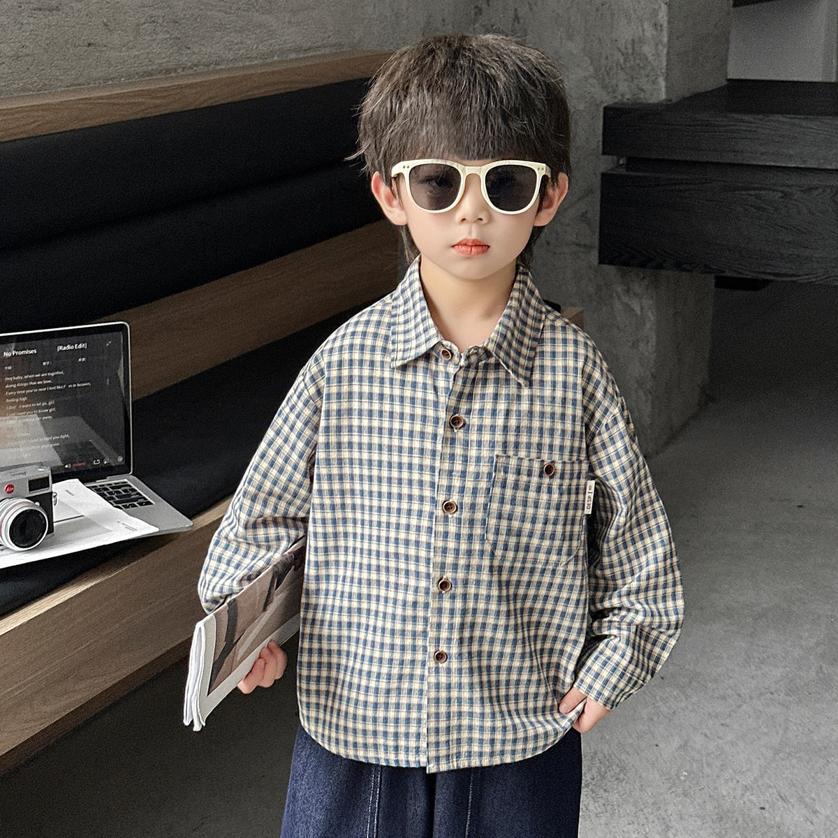 Boys Casual Plaid Long Sleeve Lapel Shirt