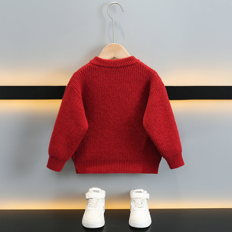 Style Red Lapel Collar Boy's Sweater Cardigan
