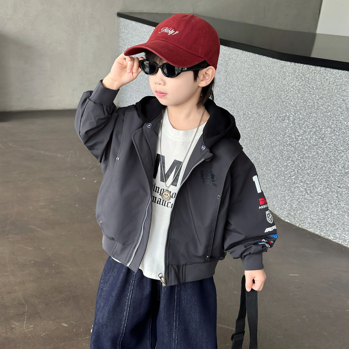 Boys Hooded Jacket Spring Autumn Layered Open Front Coat