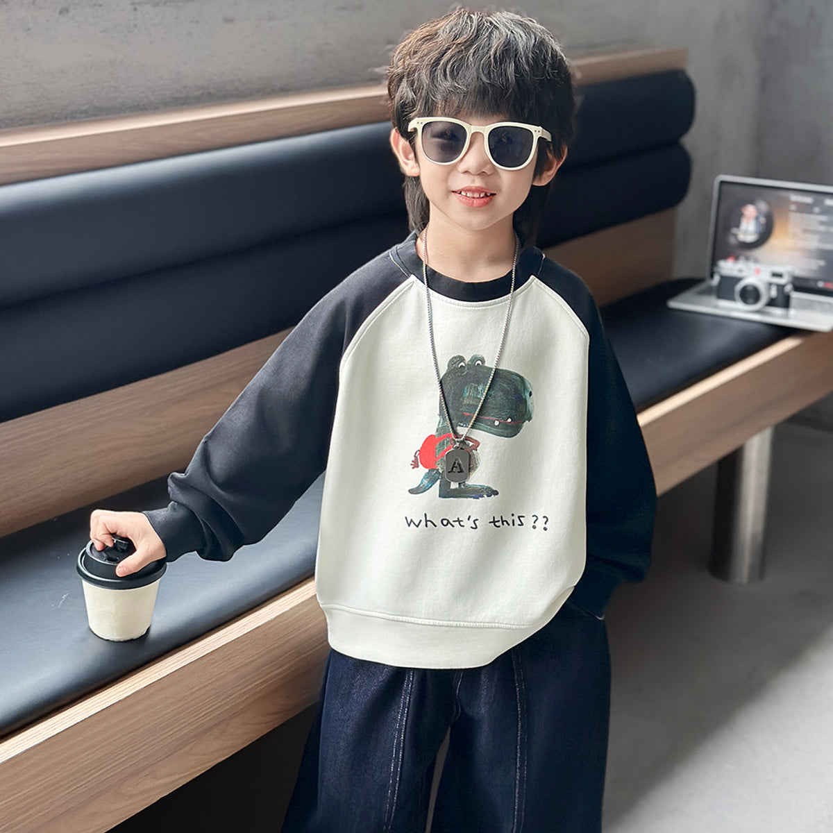Boys' Dinosaur Print Color Block Pullover Sweatshirt