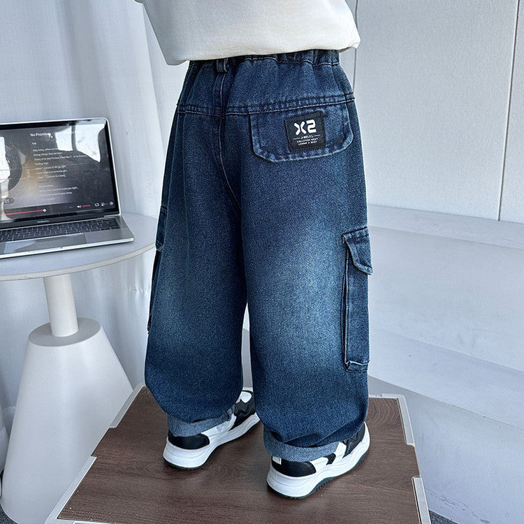 Casual Denim Cargo Pants for Boys Kids with Curved Leg Design
