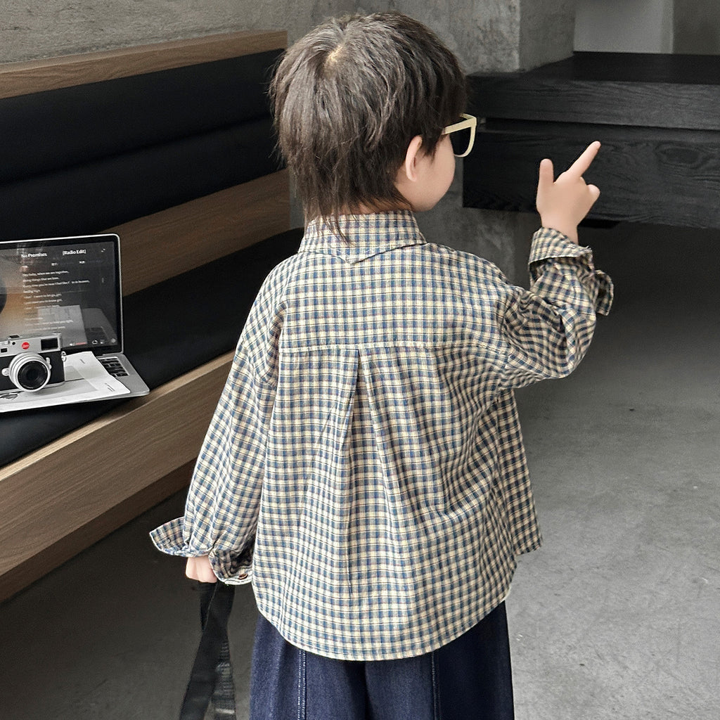Boys Casual Plaid Long Sleeve Lapel Shirt