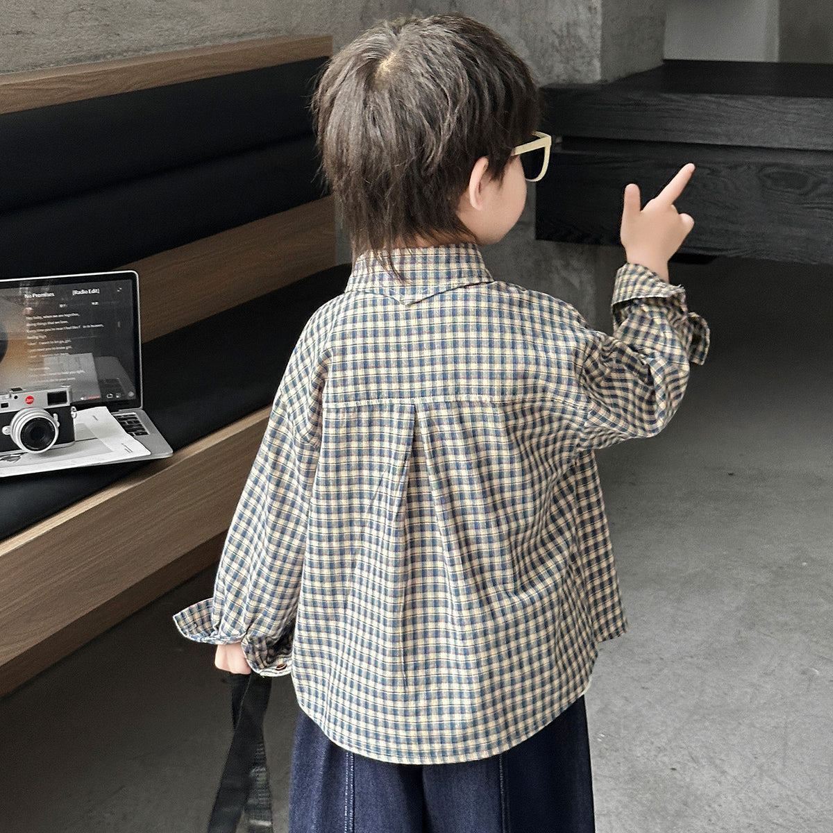 Boys Casual Plaid Long Sleeve Lapel Shirt