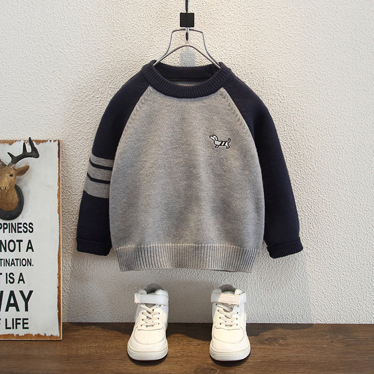 Stylish Raglan Sleeve Round Neck Boys' Knit Sweater