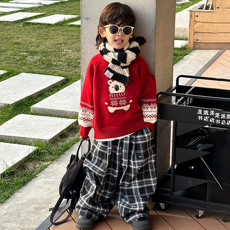 Chinese Traditional Style Solid Red Long Sleeve Round Neck Knit Sweater