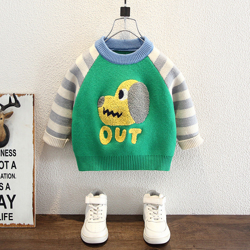 Boys' Long Sleeve Striped Dog Pattern Crew Neck Sweater