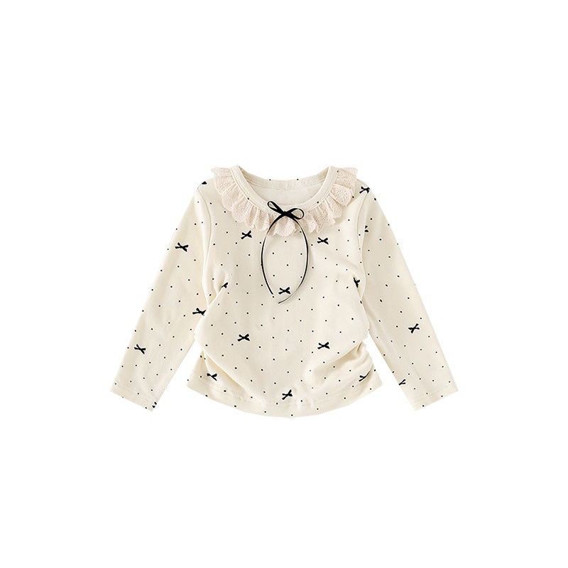 Long Sleeve Bowknot Lace Collar Girls T-Shirt