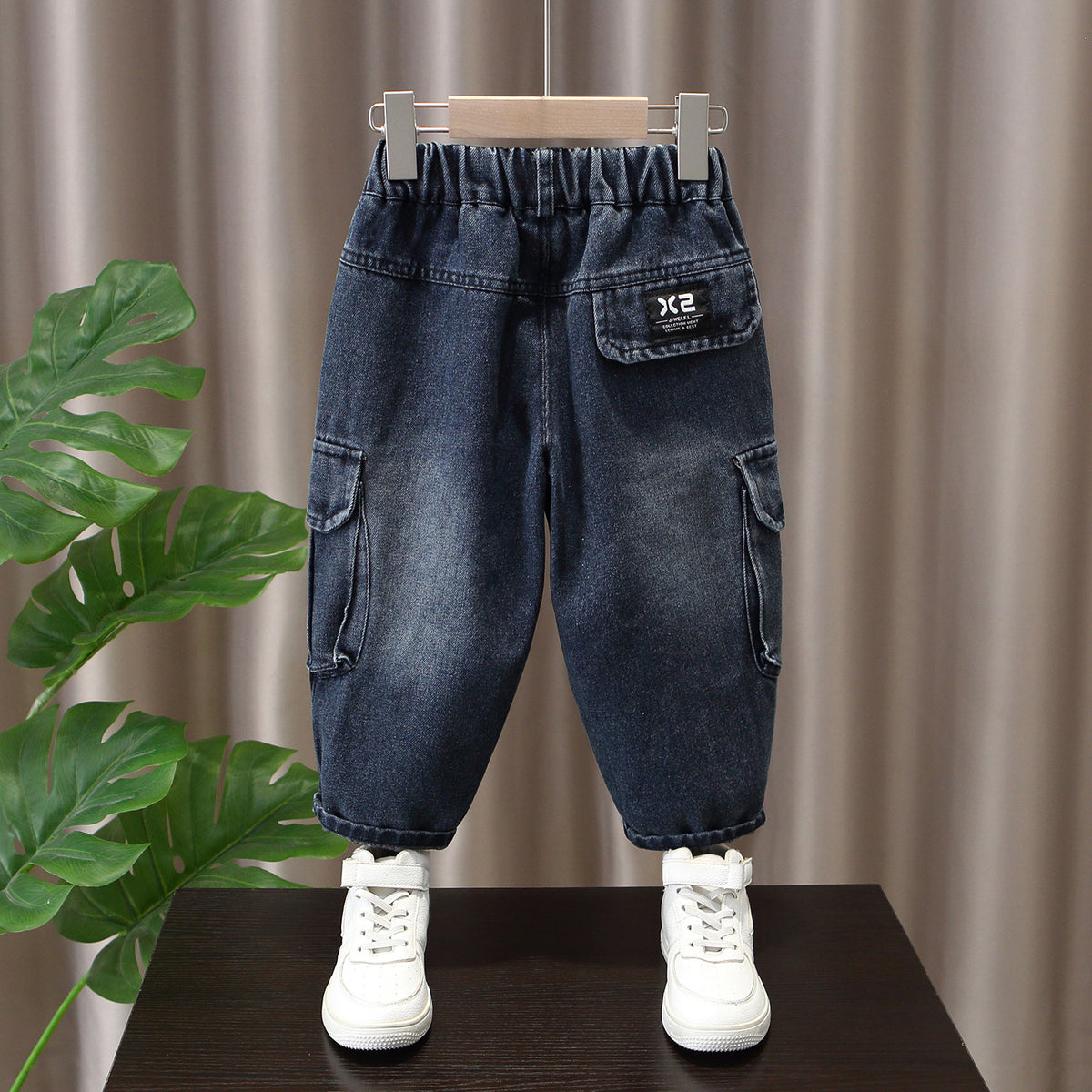 Casual Denim Cargo Pants for Boys Kids with Curved Leg Design