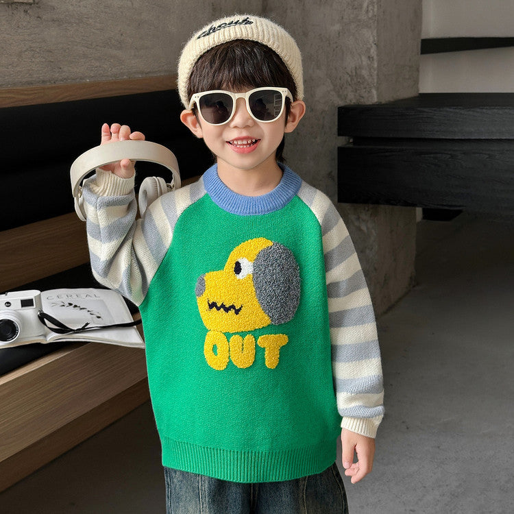 Boys' Long Sleeve Striped Dog Pattern Crew Neck Sweater