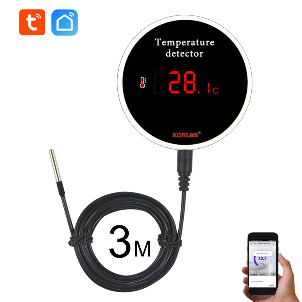 KONLEN Sensor de temperatura Wi-Fi Tuya con sonda de cable de 3 m, termómetro digital Smart Life para el hogar inteligente, termostato para piscinas y alarmas remotas