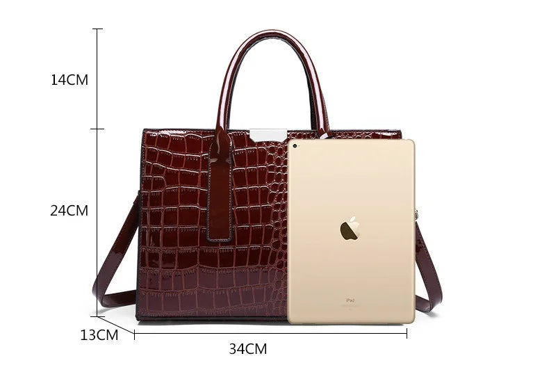 Patent Leather Women Handbag Luxury Designer Crocodile Crossbody Bags for Female Shoulder Bags Big Ladies Totes Office Bag Black