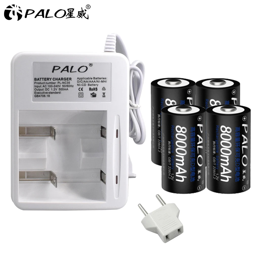 PALO 1-8 pcs D Size Rechargeable Battery Type D LR20 Battery 1.2V NI-MH Rechargeable D Battery 8000mAh R20 Rechargeable Battery