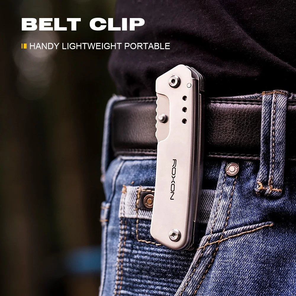 Couteau de poche pliant Roxon et ciseaux 2 en 1, outil multifonction EDC avec clip de ceinture, travaux domestiques, survie, plein air, camping, outil multifonction