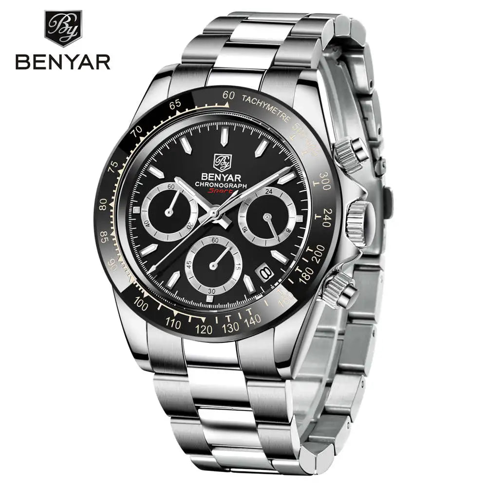 Montre-bracelet à quartz sportive BENYAR pour homme, étanche à 3 bar, en acier inoxydable, montre de luxe tendance avec chronographe, montres pour homme