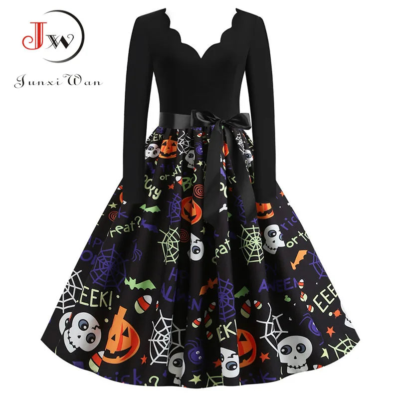 Abito midi da donna con stampa e scollo a V