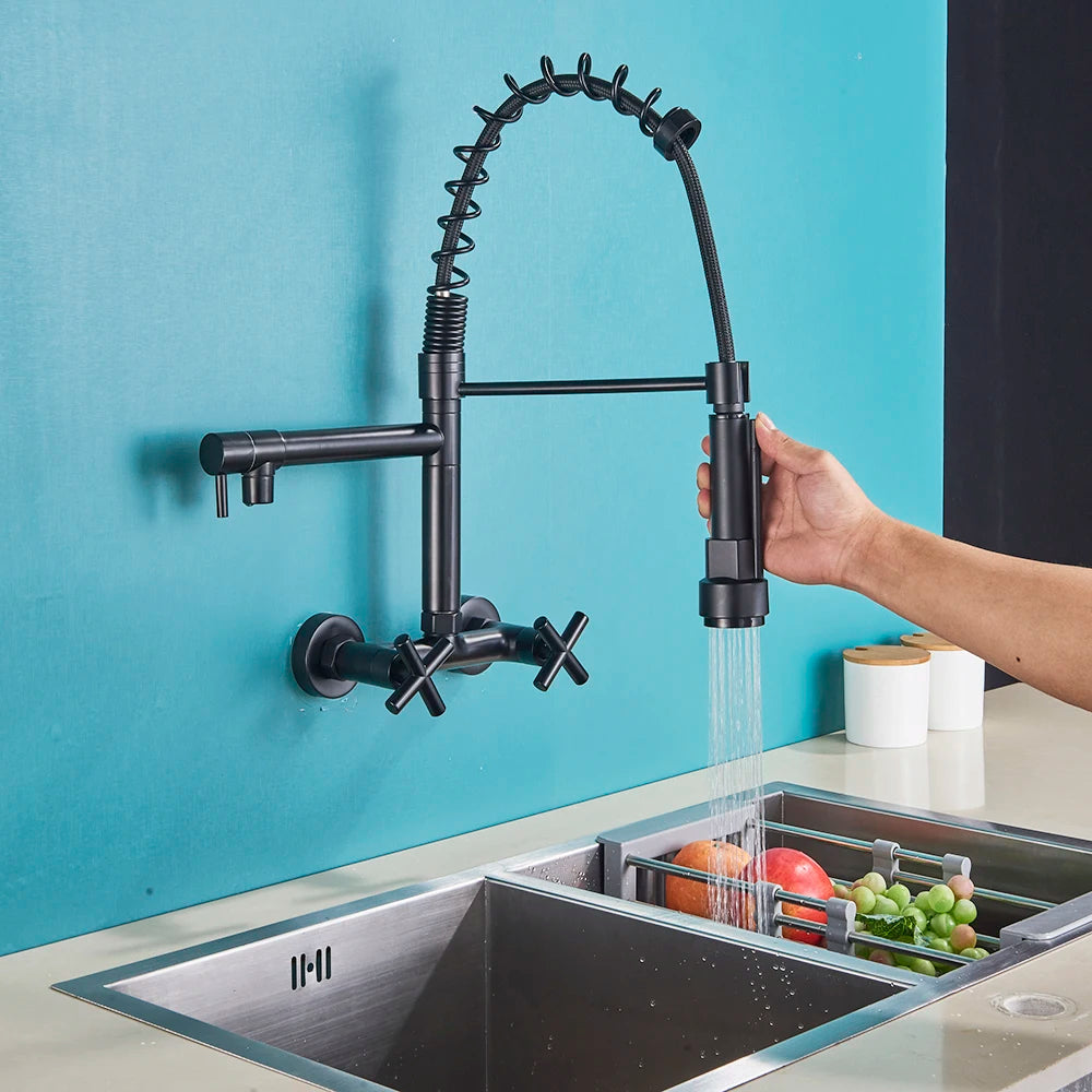 Matte Black Wall-Mounted Kitchen Faucet, Hot and Cold Water Mixer Tap with Pull-Down Spray and 360° Rotation