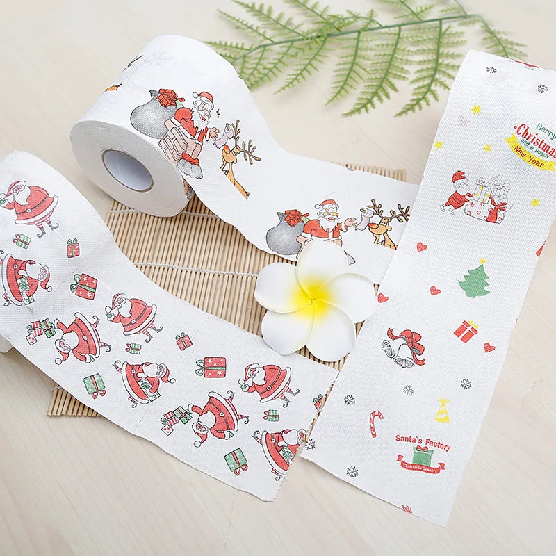Christmas Toilet Paper Festival Theme Printed Wood Pulp Toilet Paper Festive Gifts Roll Santa Claus Reindeer Decor Supplies