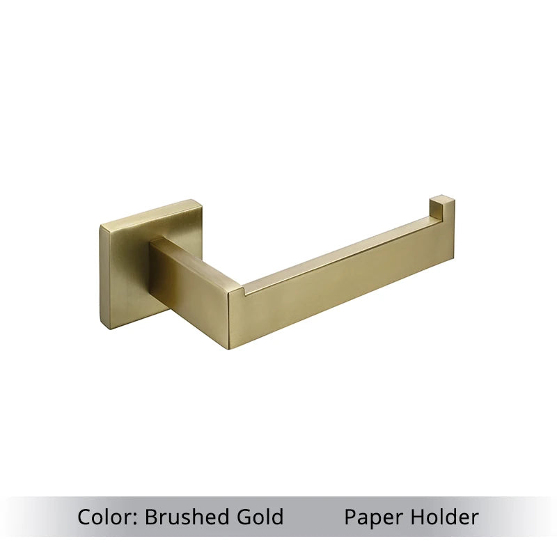 Badezimmer-Accessoire-Set, Toilettenpapierhalter, Haken und Handtuchhalter aus gebürstetem Edelstahl in Goldoptik mit Wandregal