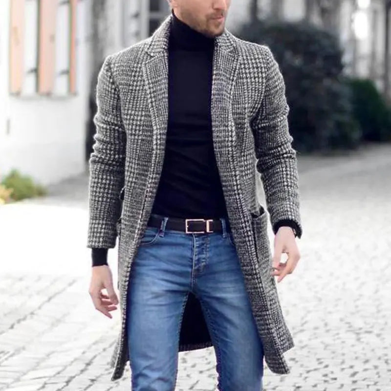 Winter Clothing Men's Fashion Trench Luxury Long Woolen Coat Casual Plaid Button-down Windbreaker Vintage Blends Premium Quality