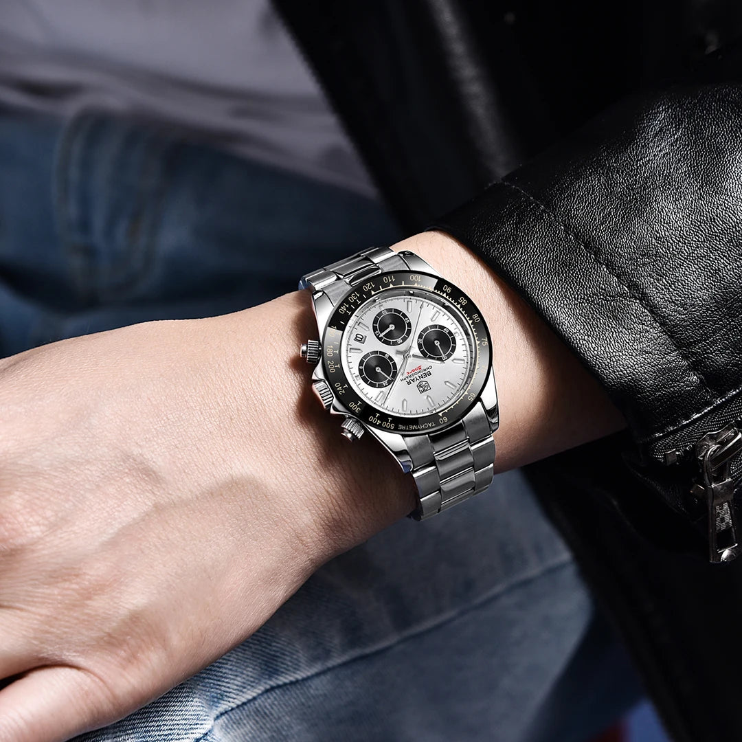Montre-bracelet à quartz sportive BENYAR pour homme, étanche à 3 bar, en acier inoxydable, montre de luxe tendance avec chronographe, montres pour homme