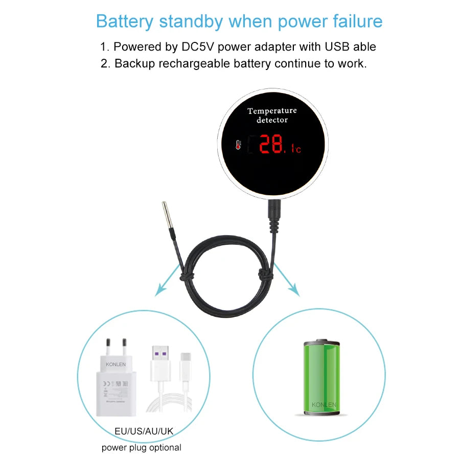 KONLEN Sonde de température Wi-Fi Tuya avec câble de 3 m, thermomètre numérique Smart Life pour maison connectée, thermostat pour piscine et eau avec alarme à distance