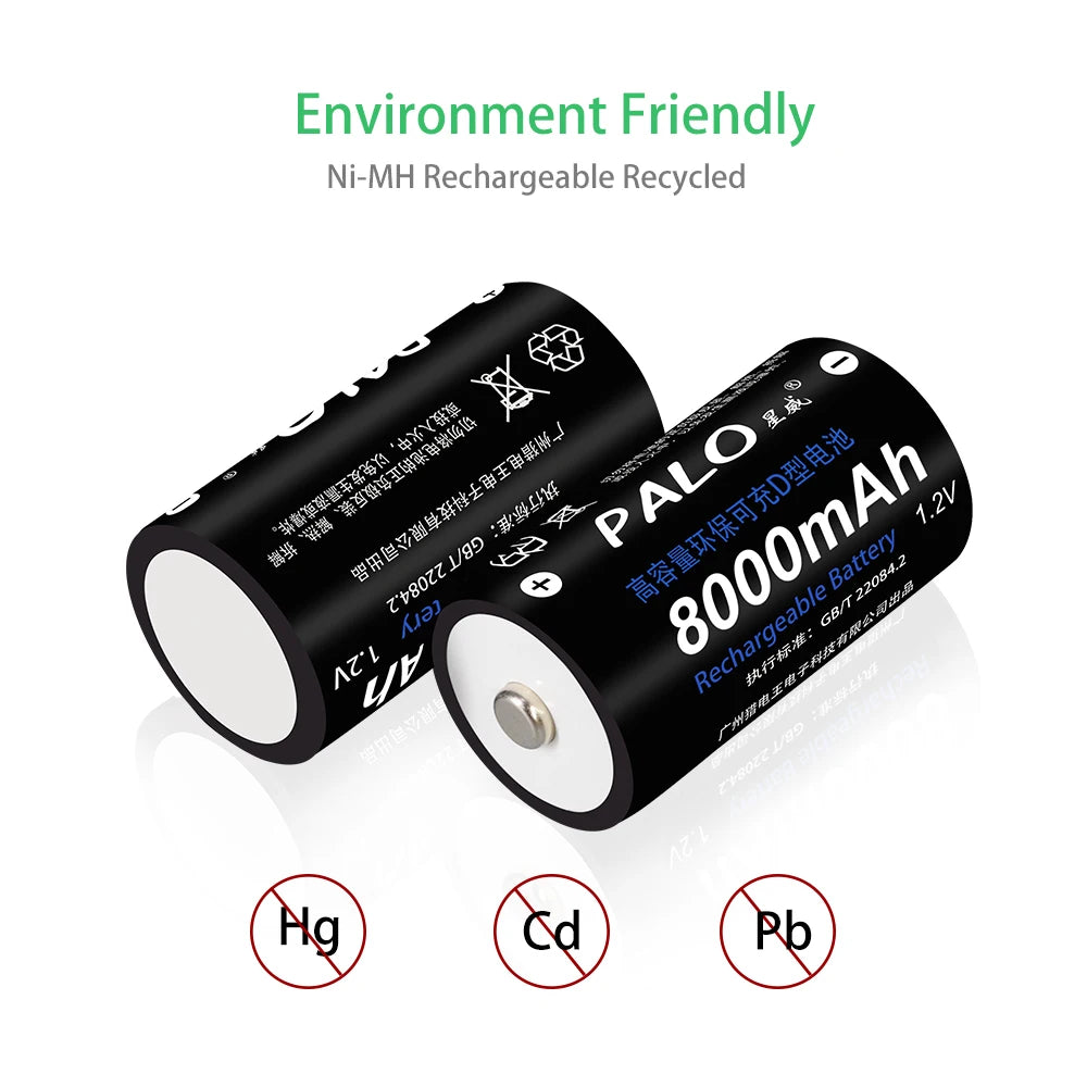 PALO 1-8 pcs D Size Rechargeable Battery Type D LR20 Battery 1.2V NI-MH Rechargeable D Battery 8000mAh R20 Rechargeable Battery