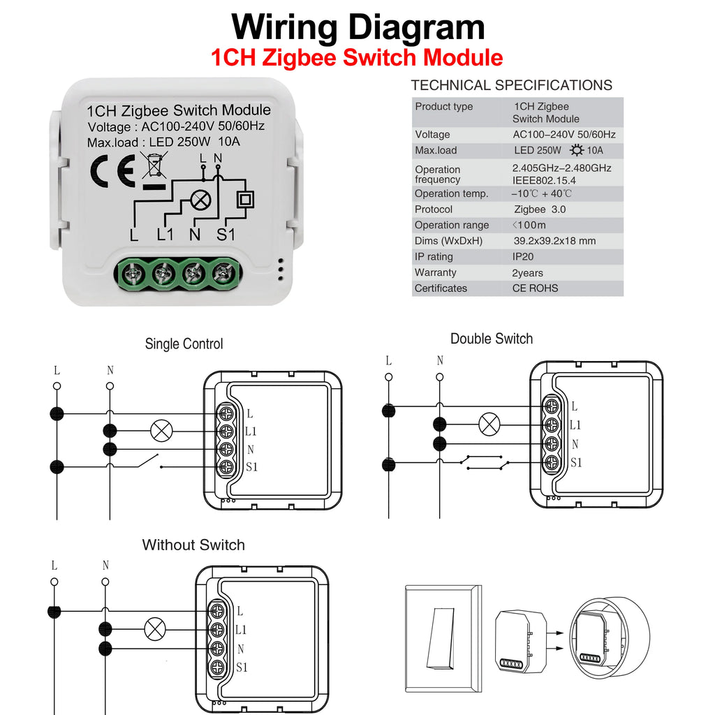 GIRIER Tuya ZigBee 3.0 Light Switch Module, Smart DIY Breaker 1 2 3 4 Gang Supports 2 Way Control, Works with Alexa Google Home