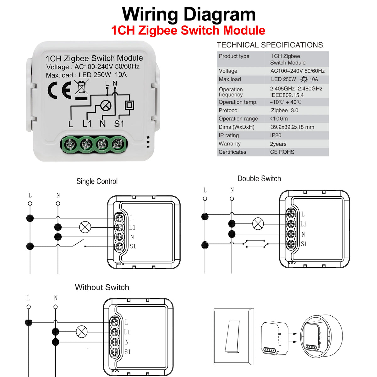 GIRIER Tuya ZigBee 3.0 Light Switch Module, Smart DIY Breaker 1 2 3 4 Gang Supports 2 Way Control, Works with Alexa Google Home