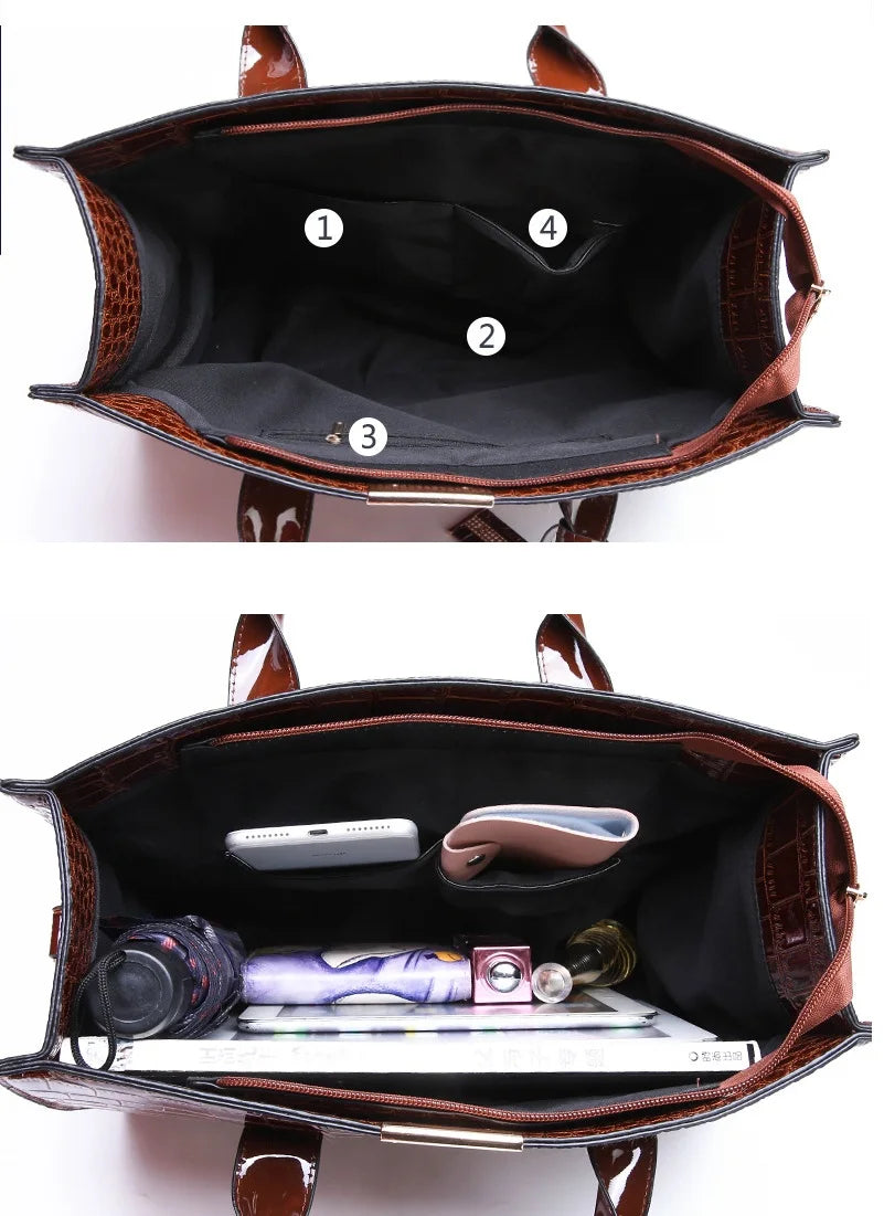 Patent Leather Women Handbag Luxury Designer Crocodile Crossbody Bags for Female Shoulder Bags Big Ladies Totes Office Bag Black