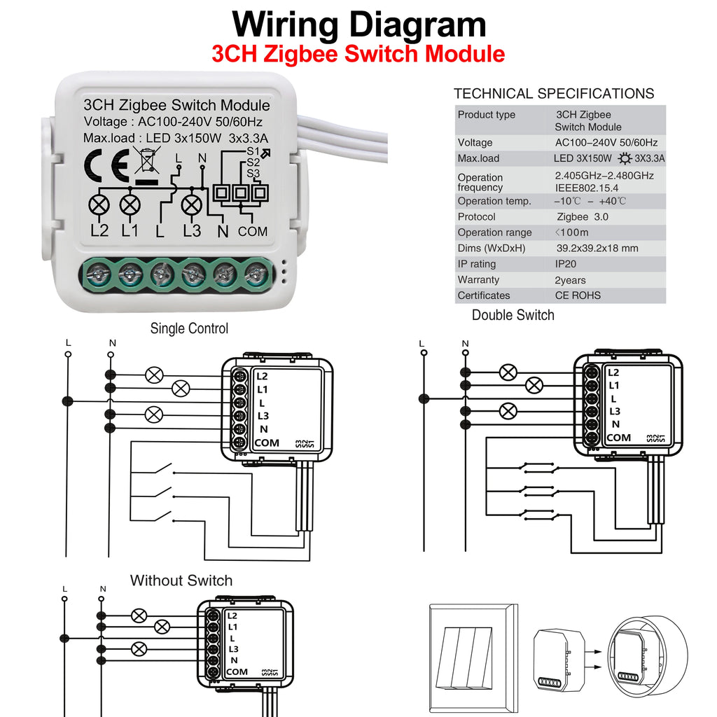 GIRIER Tuya ZigBee 3.0 Light Switch Module, Smart DIY Breaker 1 2 3 4 Gang Supports 2 Way Control, Works with Alexa Google Home