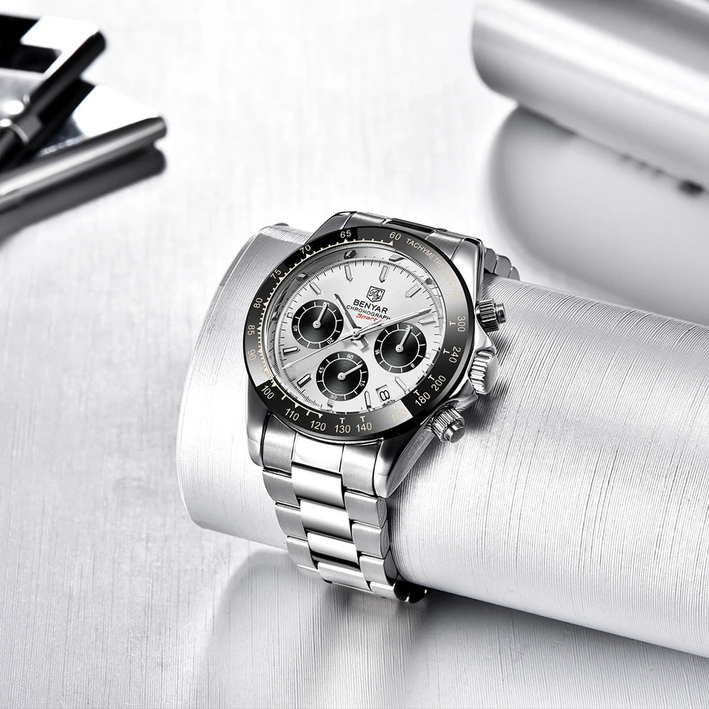 BENYAR Sport-Quarzuhr für Herren, 3 bar wasserdicht, aus Edelstahl, luxuriöse Fashion-Chronographenuhr, Herrenuhr