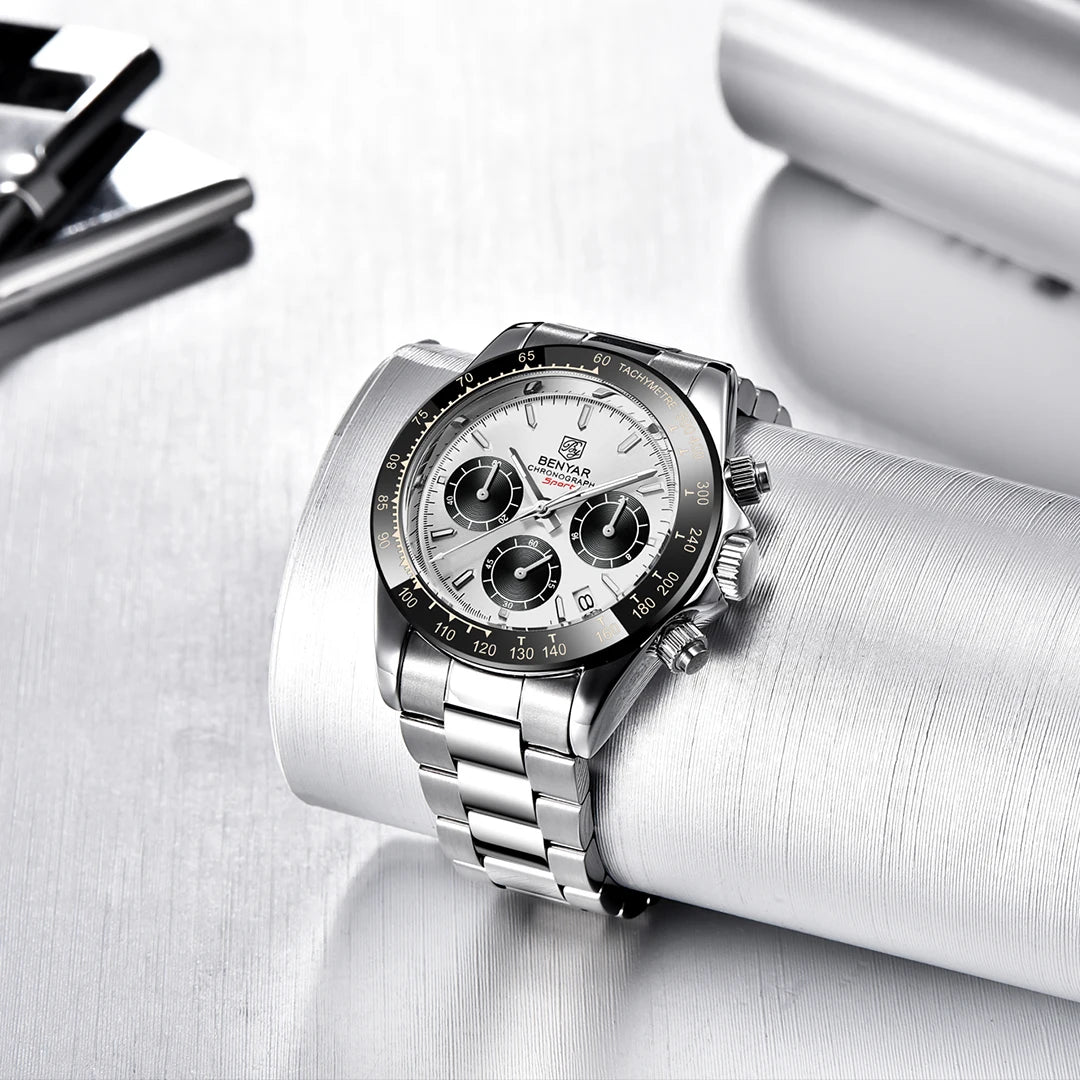 Montre-bracelet à quartz sportive BENYAR pour homme, étanche à 3 bar, en acier inoxydable, montre de luxe tendance avec chronographe, montres pour homme