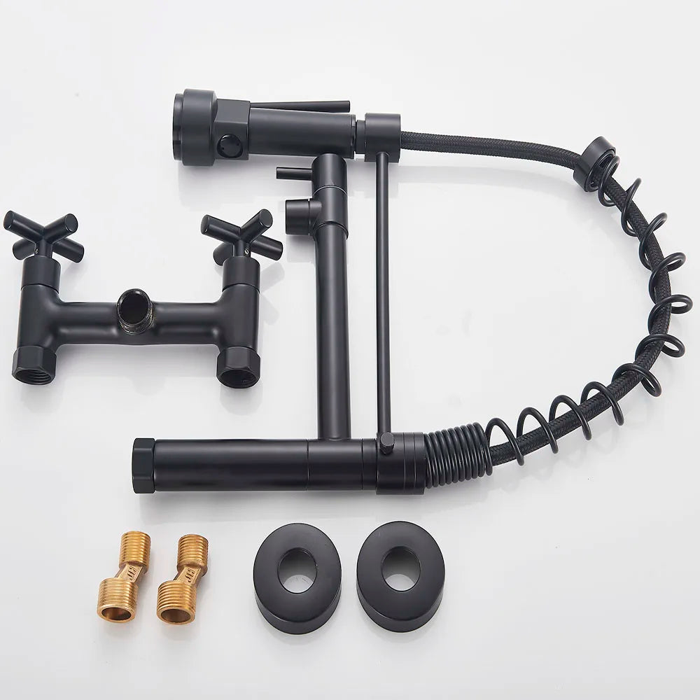 Matte Black Wall-Mounted Kitchen Faucet, Hot and Cold Water Mixer Tap with Pull-Down Spray and 360° Rotation