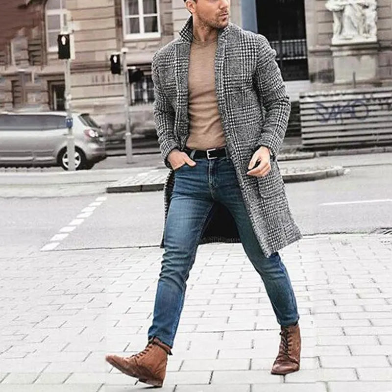 Winter Clothing Men's Fashion Trench Luxury Long Woolen Coat Casual Plaid Button-down Windbreaker Vintage Blends Premium Quality