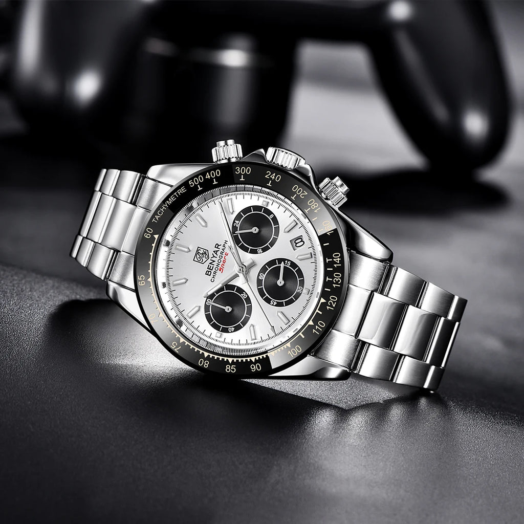 BENYAR Sport-Quarzuhr für Herren, 3 bar wasserdicht, aus Edelstahl, luxuriöse Fashion-Chronographenuhr, Herrenuhr