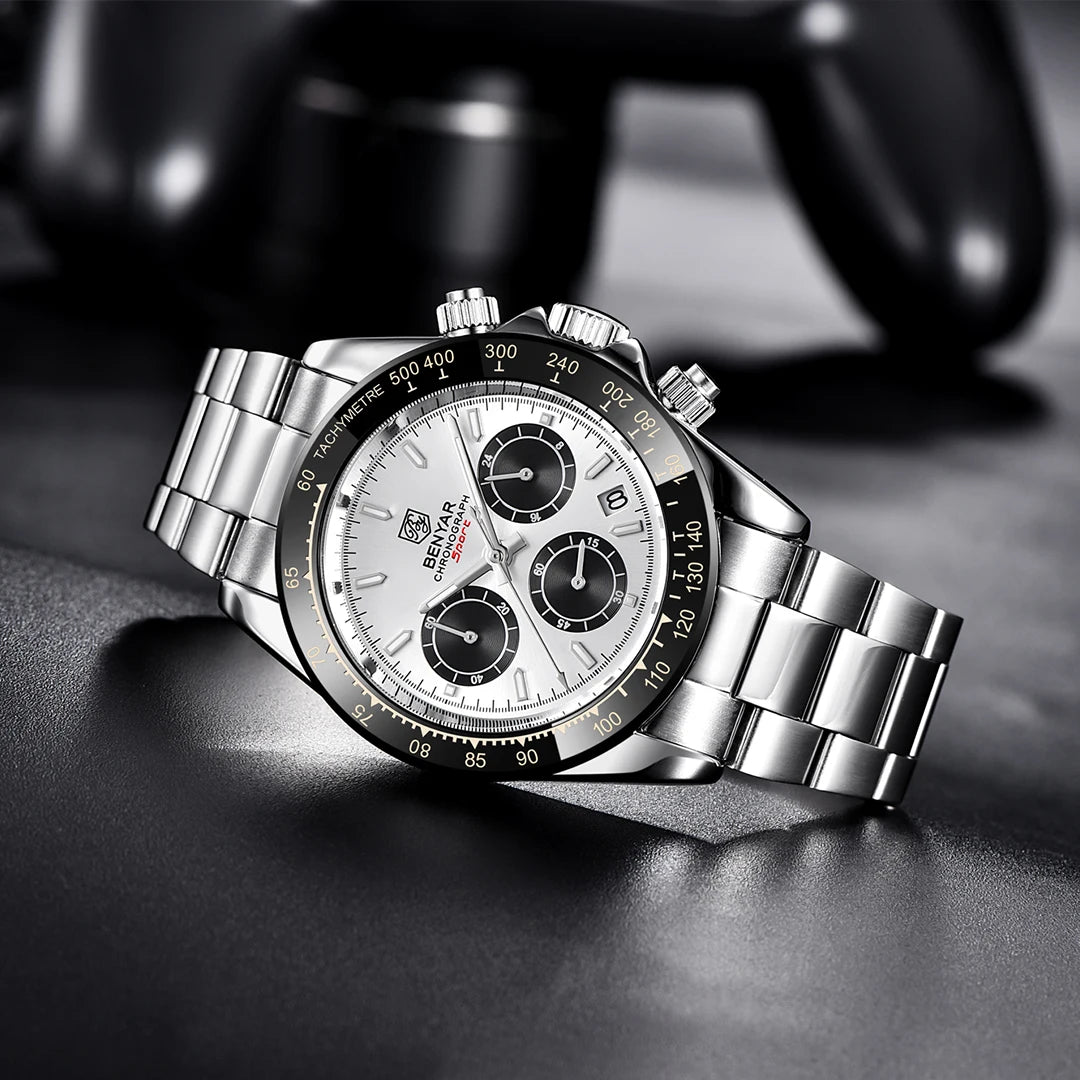 BENYAR Sport-Quarzuhr für Herren, 3 bar wasserdicht, aus Edelstahl, luxuriöse Fashion-Chronographenuhr, Herrenuhr