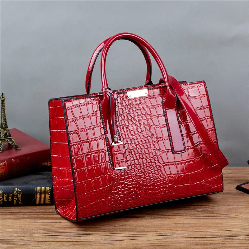 Patent Leather Women Handbag Luxury Designer Crocodile Crossbody Bags for Female Shoulder Bags Big Ladies Totes Office Bag Black