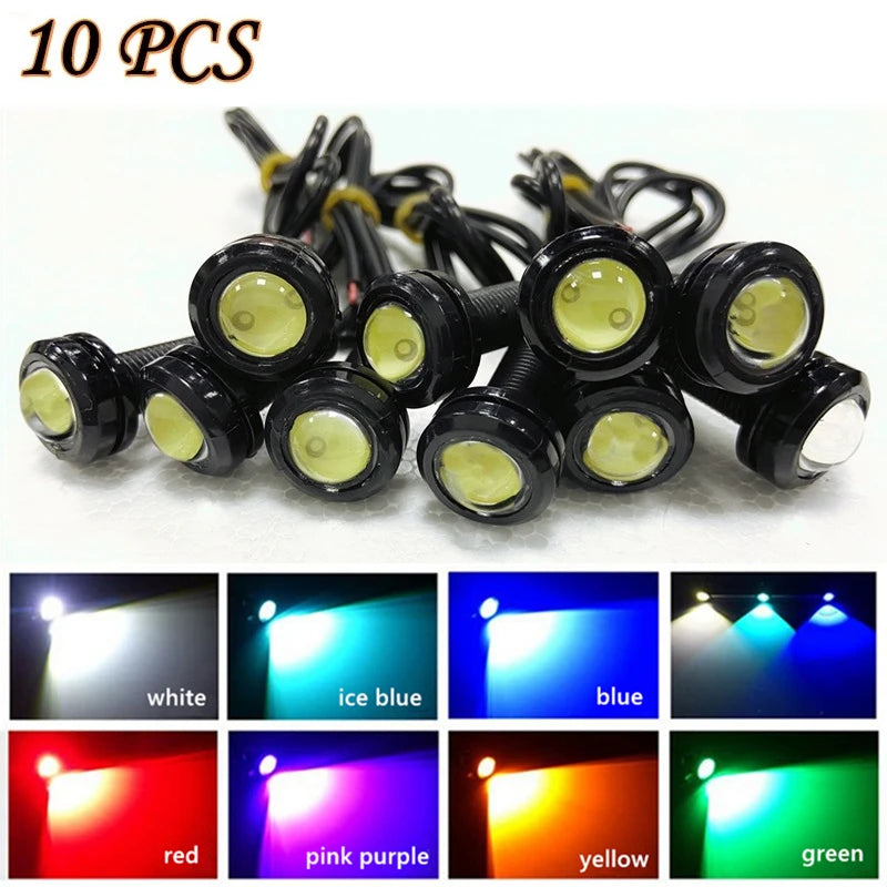 10-Piece Pack of 18 mm Eagle Eye LED Daytime Running Lights, 12 V, for Cars — Backup, Reversing, Parking, and Turn Signal Lamps
