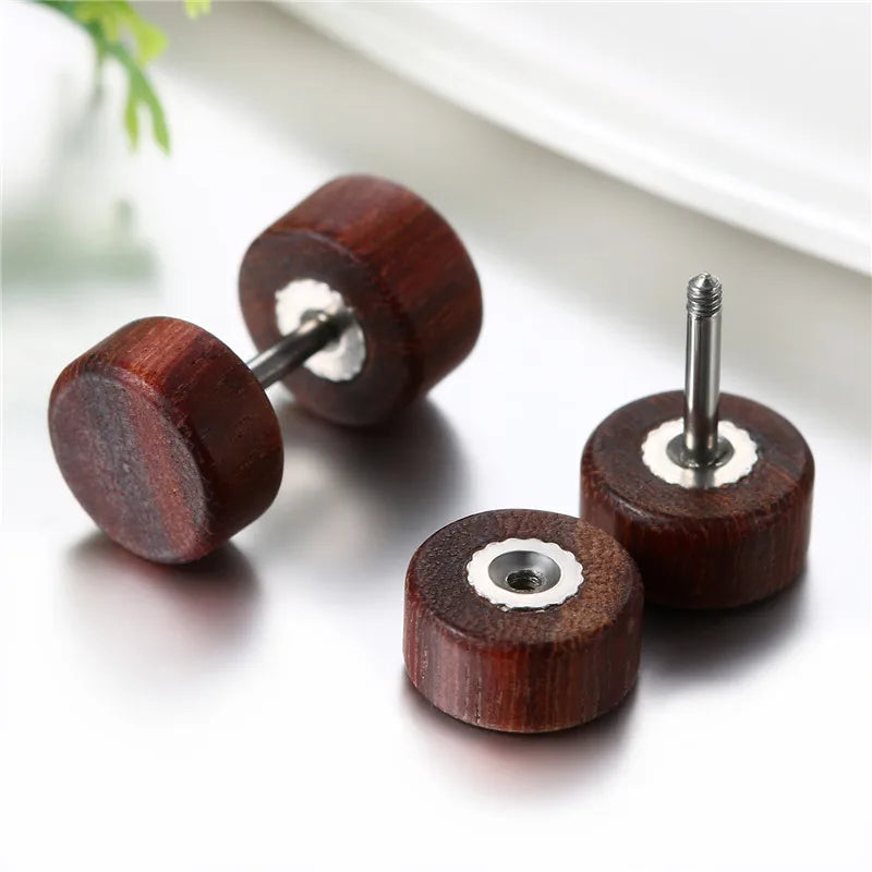 Boniskiss Pendientes de botón para hombre de madera con forma de mancuerna, 8/10/12 mm, pendientes de doble cara para mujer, piercing corporal, pendientes de oreja