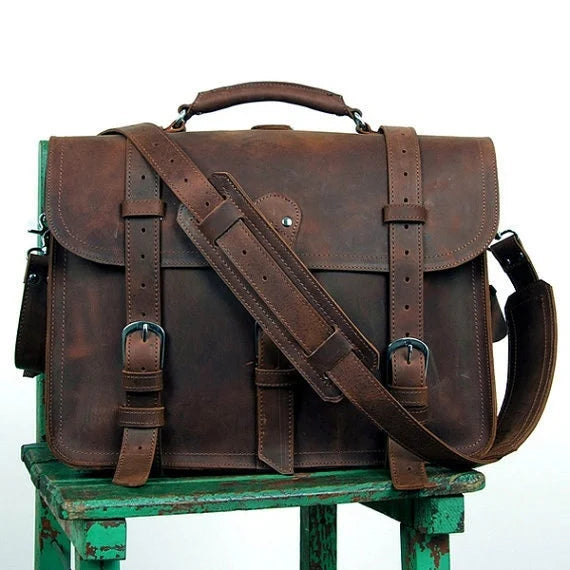 Vintage Crazy Horse Genuine Leather Men Briefcase Business Bag Large Leather Briefcase Male 17' Laptop Case Shoulder Bag Office