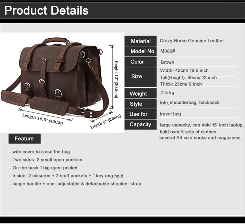 Vintage Crazy Horse Genuine Leather Men Briefcase Business Bag Large Leather Briefcase Male 17' Laptop Case Shoulder Bag Office