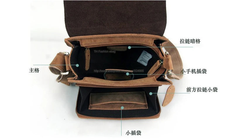 Vintage Fashion Genuine Leather Men Shoulder Bags Leather Messenger Bags Men Crossbody Bag Casual Bag Cowboy Style Brown Medium