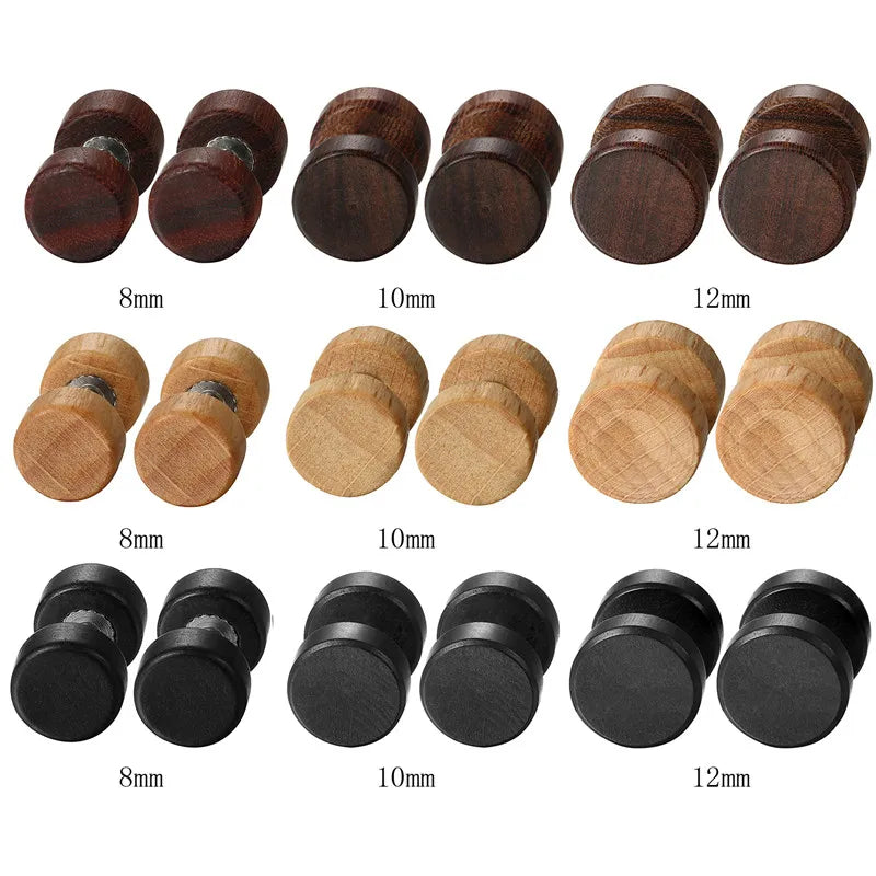 Boniskiss Pendientes de botón para hombre de madera con forma de mancuerna, 8/10/12 mm, pendientes de doble cara para mujer, piercing corporal, pendientes de oreja
